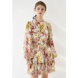 Flying Petals Print Puff Sleeves Ruffle Dress in Cream | Chicwish