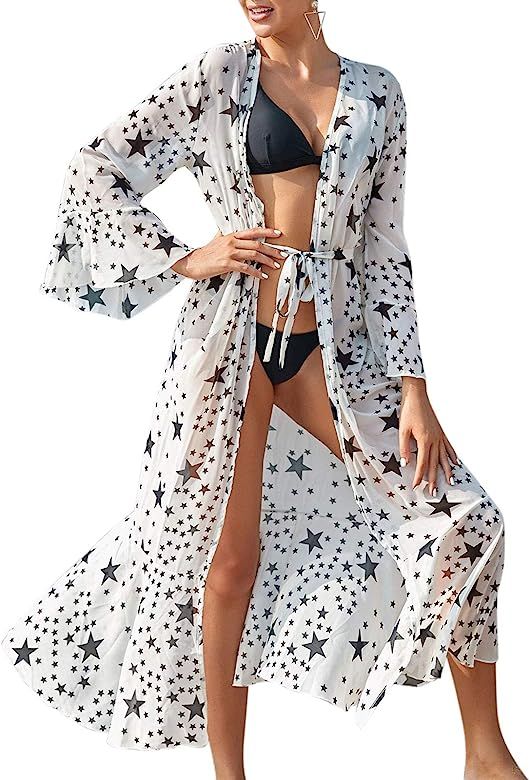 Cogild Women Beach Kimono Cardigan Long Print Open Front Bathing Suit Cover Ups | Amazon (US)