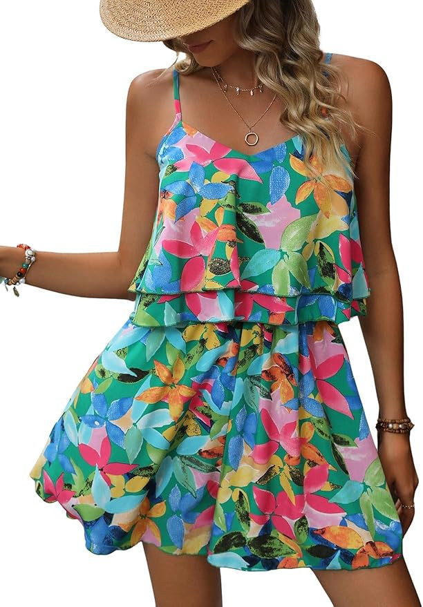 RoseSeek Women's Boho Wide Leg Short Romper Spaghetti Strap Layered Ruffle Vacation Summer Jumpsu... | Amazon (US)