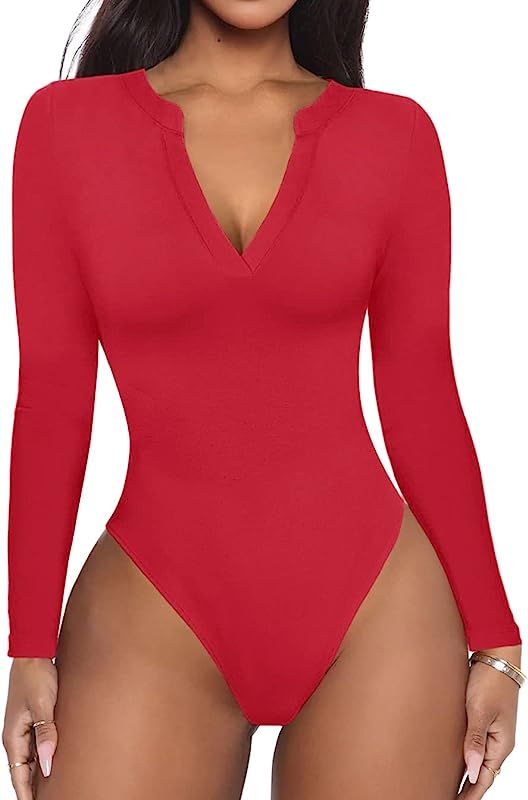 REORIA Women's Casual Sexy V Neck Long Sleeve Work Ribbed Fitted Thong Bodysuit Tops | Amazon (US)