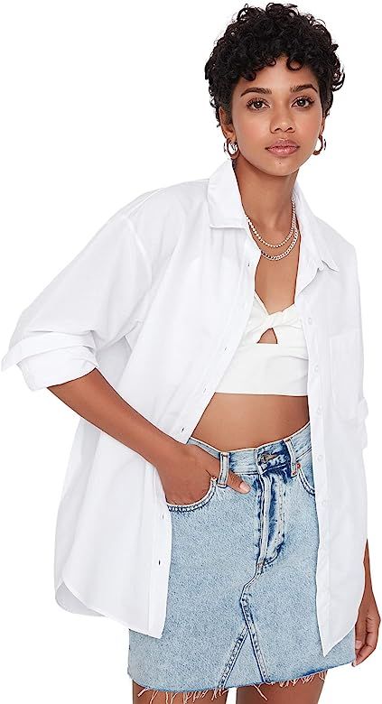 TRENDYOL Frau Basics Oversized Basic Hemdblusenkragen Webstoff Shirt | Amazon (DE)