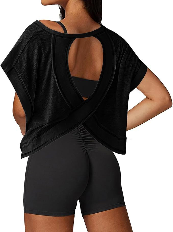 UNIANKIYA Open Back Workout Tops for Women Loose Fit Athletic Crop Tee Short Sleeve Gym Running Y... | Amazon (US)