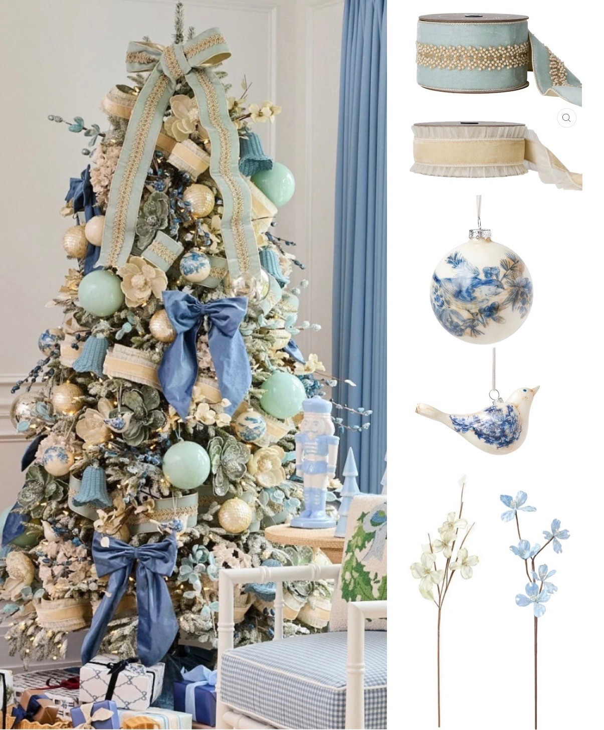 Christmas decor just arrived!!🎄 the prettiest ribbon, bird ornaments and floral picks from Cailini coastal 🤍 seafoam green blue and white Christmas tree, delft ornaments

#LTKHome #LTKdayinmylife #LTKootd