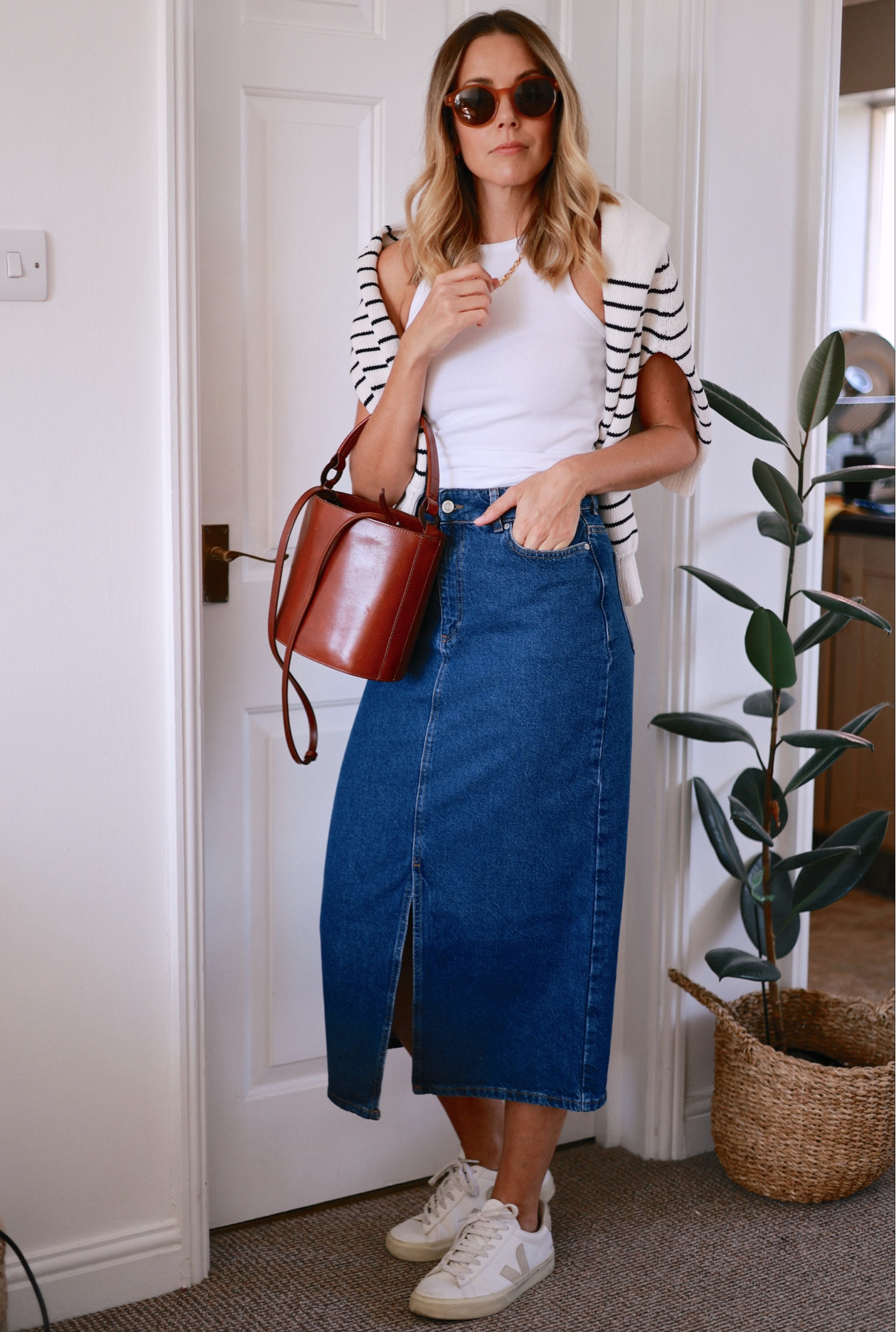 Denim midi skirt
Stripe knit 
Striped jumper
Veja trainers 
Sézane 

#LTKunder100 #LTKSeasonal #LTKeurope