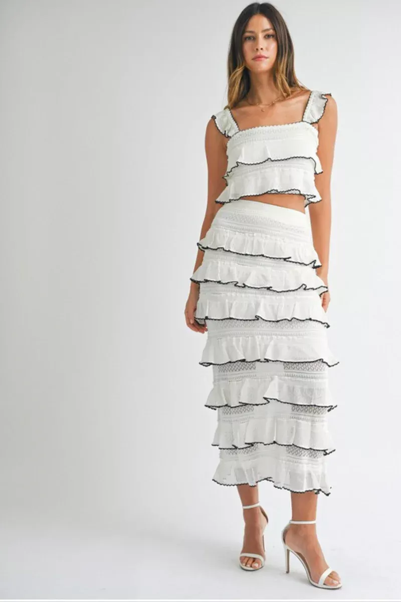 Sydney Ruffle Midid 2 Piece Skirt Set - White with Black trim | Benaar La