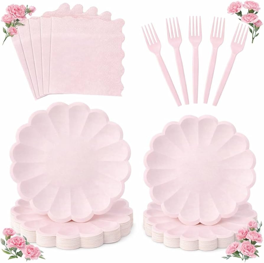 96 Pcs Pink Paper Plates and Napkins Party Supplies Serve 24 Guests Include Scalloped Mothers Day... | Amazon (US)