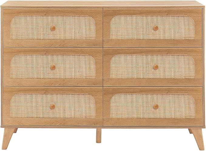 6 Drawer Dresser,Rattan Dresser for Bedroom, Mid-Century Modern Organizer Dresser for Closet Bedr... | Amazon (US)