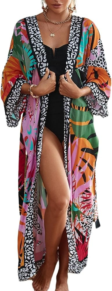 Women Casual Open Front Lightweight Cardigan Long Beach Kimono Cover Up | Amazon (US)