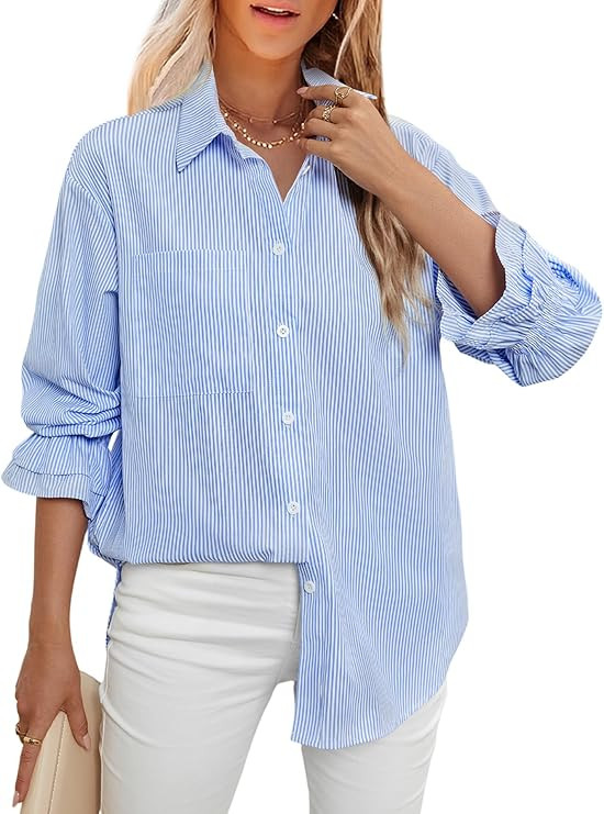 LEMAFER Women's Smocked Cuffed Stripe Boyfriend Button Down Shirts 2025 Collared Ruffle Sleeve Ca... | Amazon (US)