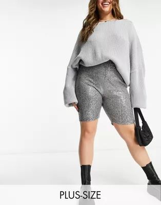 Club L London Plus sequin body-conscious short in gunmetal | ASOS (Global)