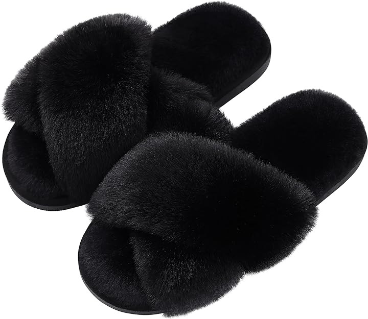 Evshine Women's Fuzzy Slippers Cross Band Memory Foam House Slippers Open Toe | Amazon (US)