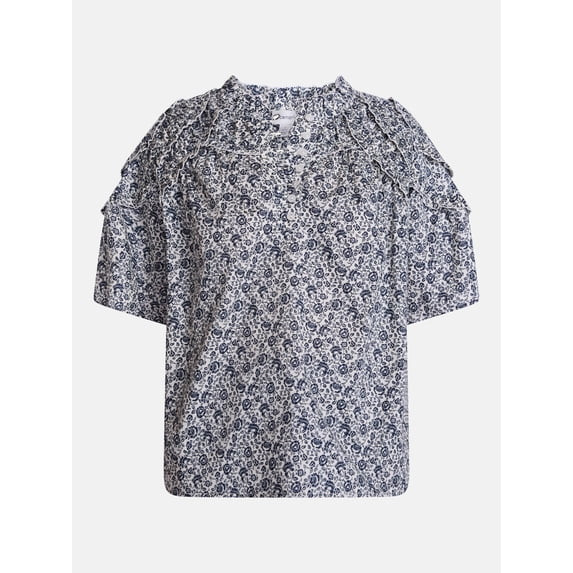 Scenario Women's Gathered Cotton Voile Top with Short Sleeves, Size XS-XXXL | Walmart (US)
