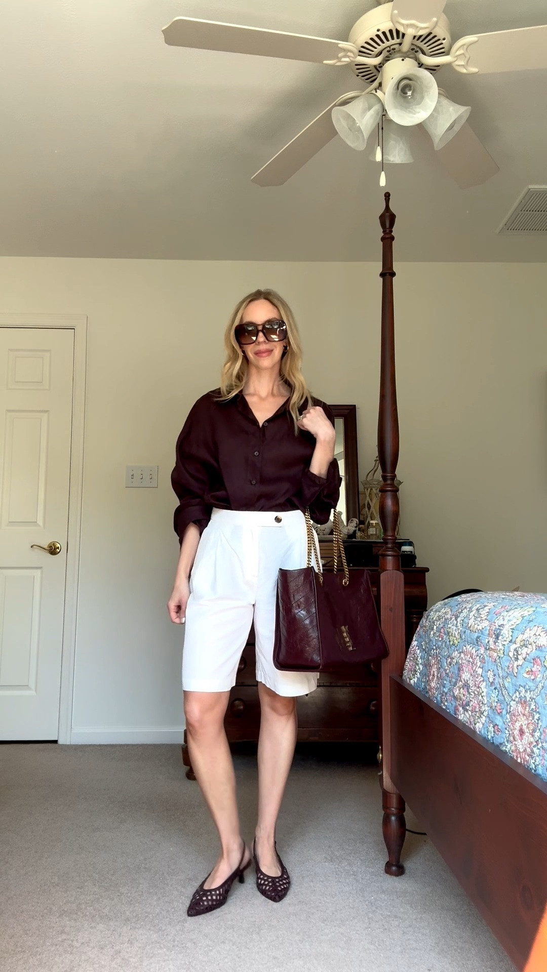 Business casual, coffee date, brunch outfit, oversized linen shirt with bermuda shorts and slingback pumps, burgundy YSL tote bag

#LTKSeasonal #LTKOver40 #LTKSaleAlert