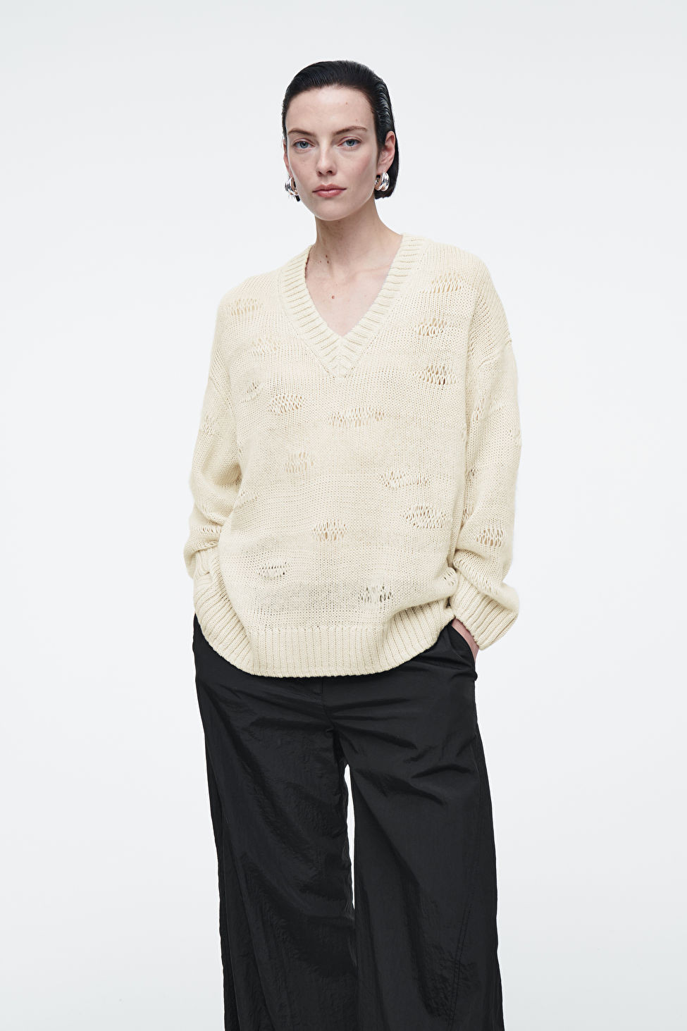 DISTRESSED STRIPED KNITTED LINEN-BLEND SWEATER | COS (US)