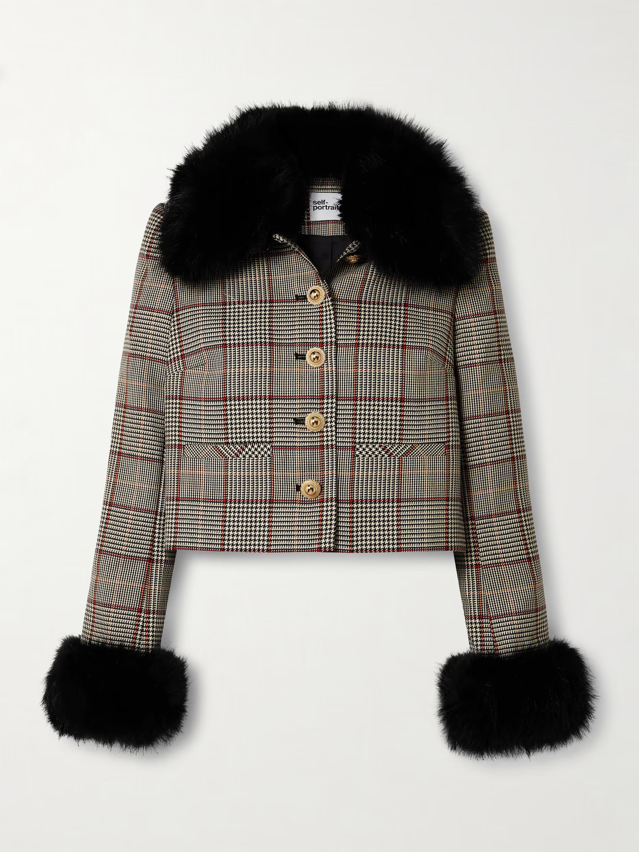 Self-Portrait - Plush-trimmed Checked Wool-blend Jacket - Brown | NET-A-PORTER (UK & EU)