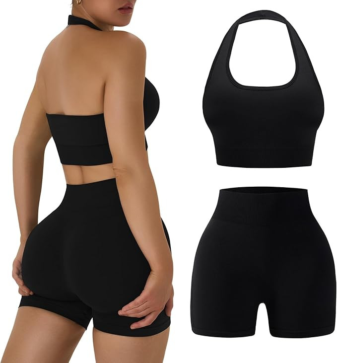OLCHEE Workout Sets for Women 2 Piece Backless Halter Sports Bra High Waist Booty Shorts Yoga Gym... | Amazon (US)