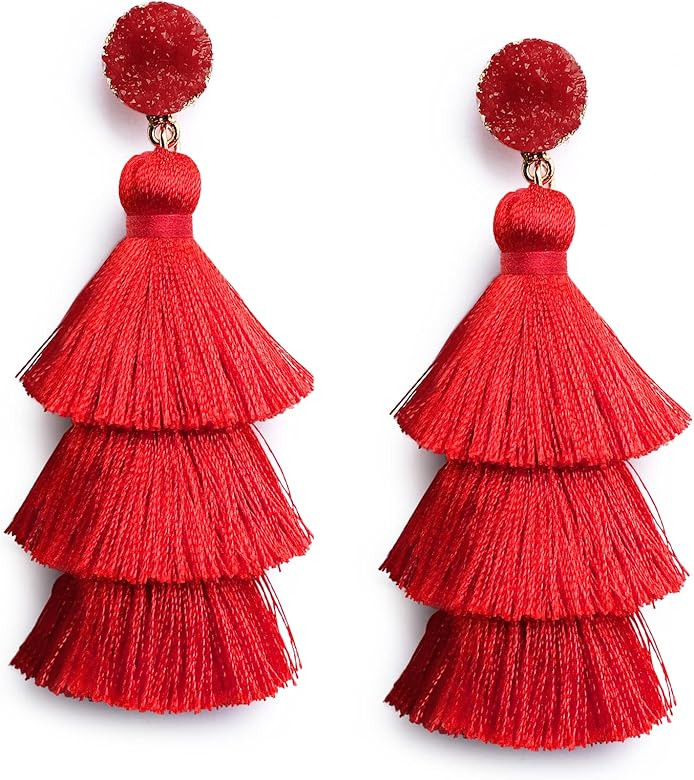 Me&Hz Colorful Layered Tassel Earrings Bohemian Tiered Tassel Druzy Stud Dangle Drop Earrings for... | Amazon (US)