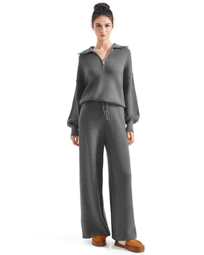 SUUKSESS Women 2 Piece Lounge Sets Quarter Zip Pullover Wide Leg Pants Oversized Matching Sets (Dark Gray, S) | Amazon (US)