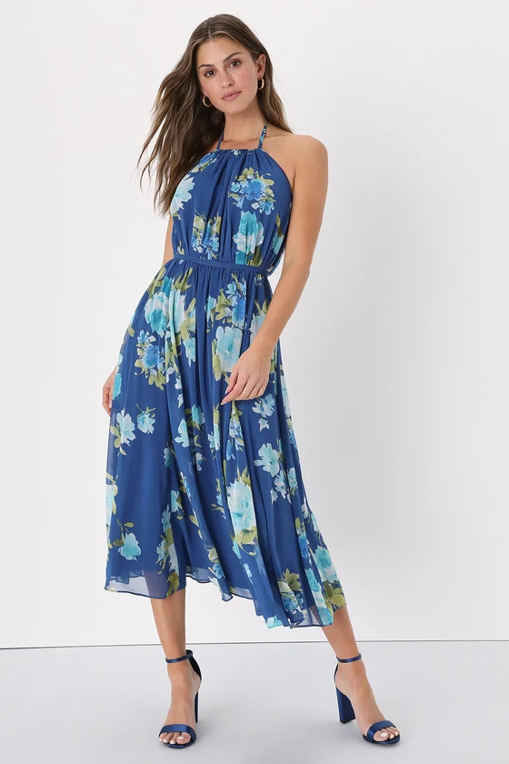 Unbelievable Blossom Blue Floral Print Halter Midi Dress | Lulus