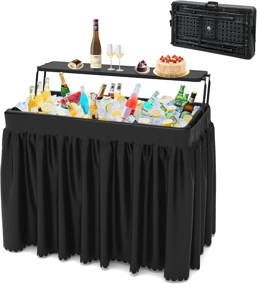 Double-Layer Ice Cooler Folding Table, Party Chilling Table with Drain and Detachable Black Skirt... | Amazon (US)