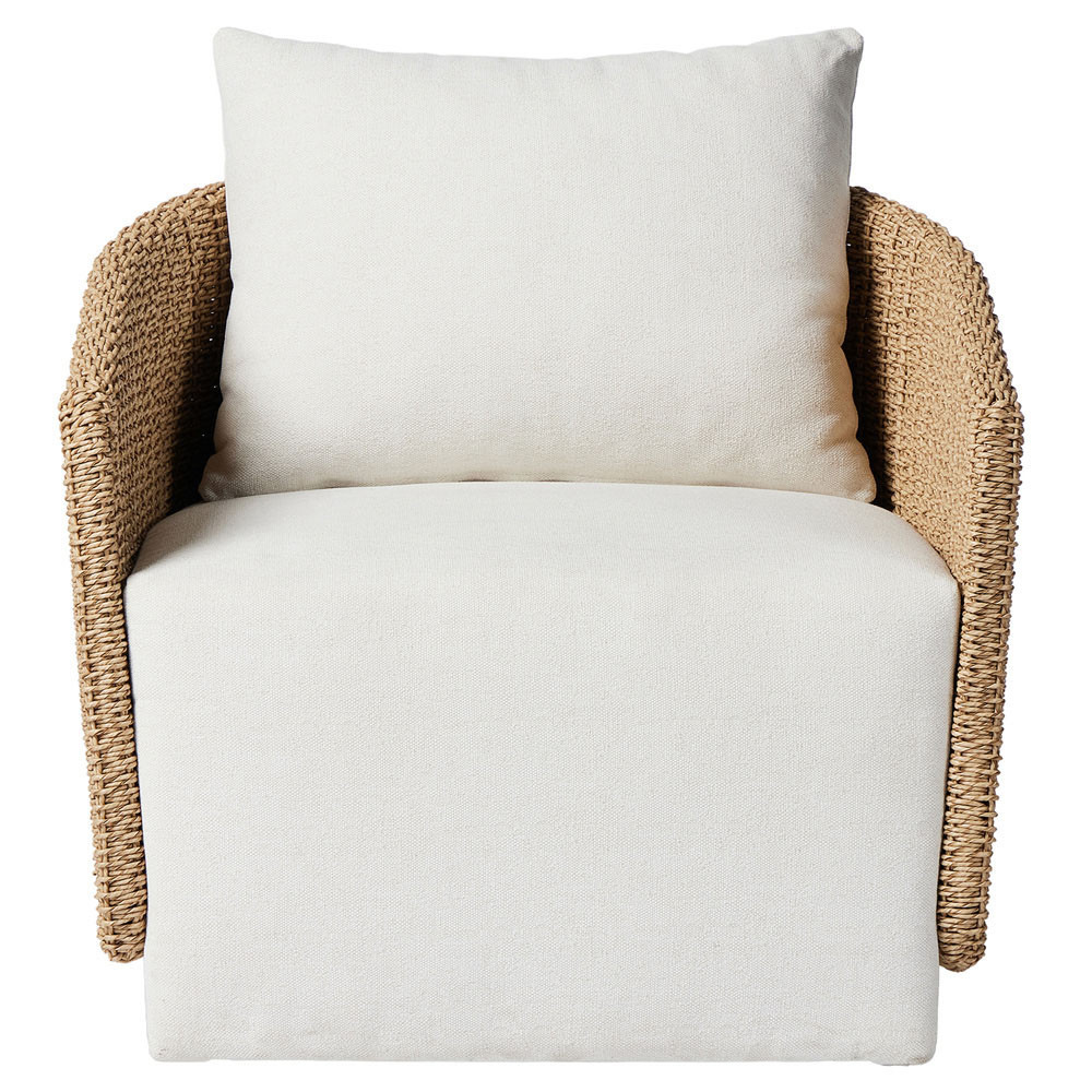 Madelyn Coastal Beach White Upholstered Woven Wicker Outdoor Swivel Lounge Chair | Kathy Kuo Home
