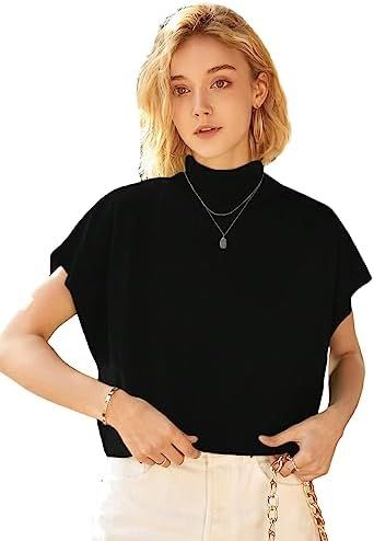OYOANGLE Women's Mock Neck Short Sleeve Stand Collar Knit Crop Top Pullover Sweater | Amazon (US)