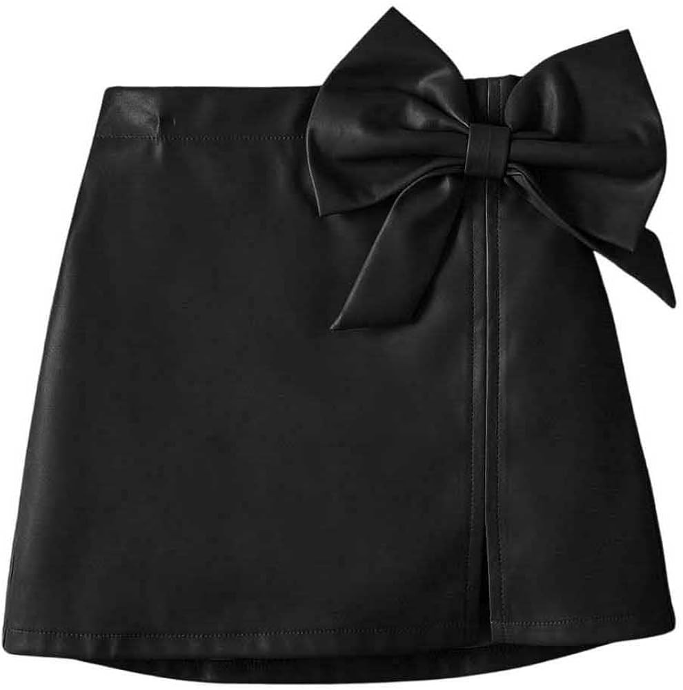 Girl's Cute PU Leather Skirt Elastic High Waist Split Hem Bow Front Mini Skirts | Amazon (US)
