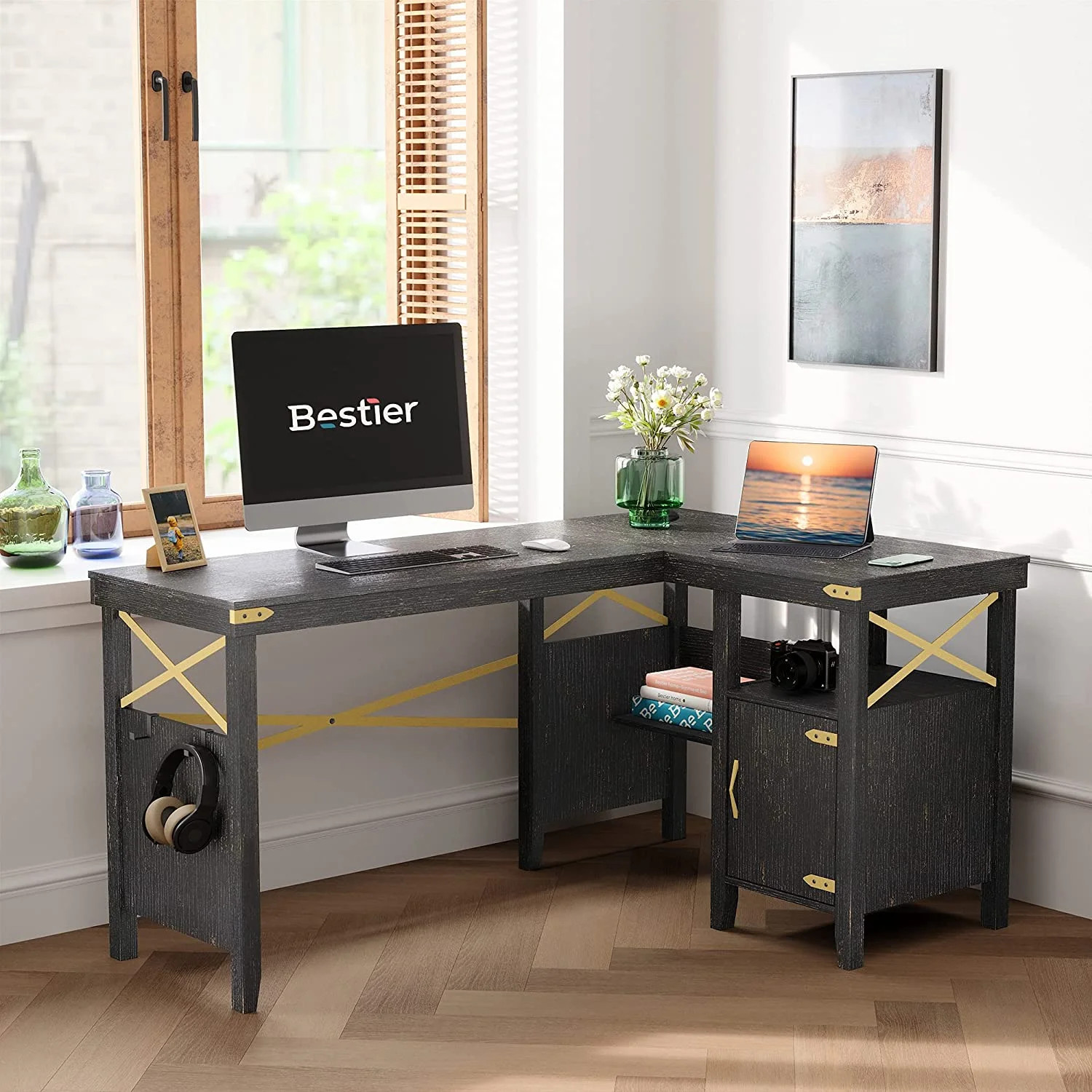 Bestier 60 x 42 inch L-Shaped Computer Desk with Storage Cabinet and Bookshelf Black and Gold - W... | Walmart (US)