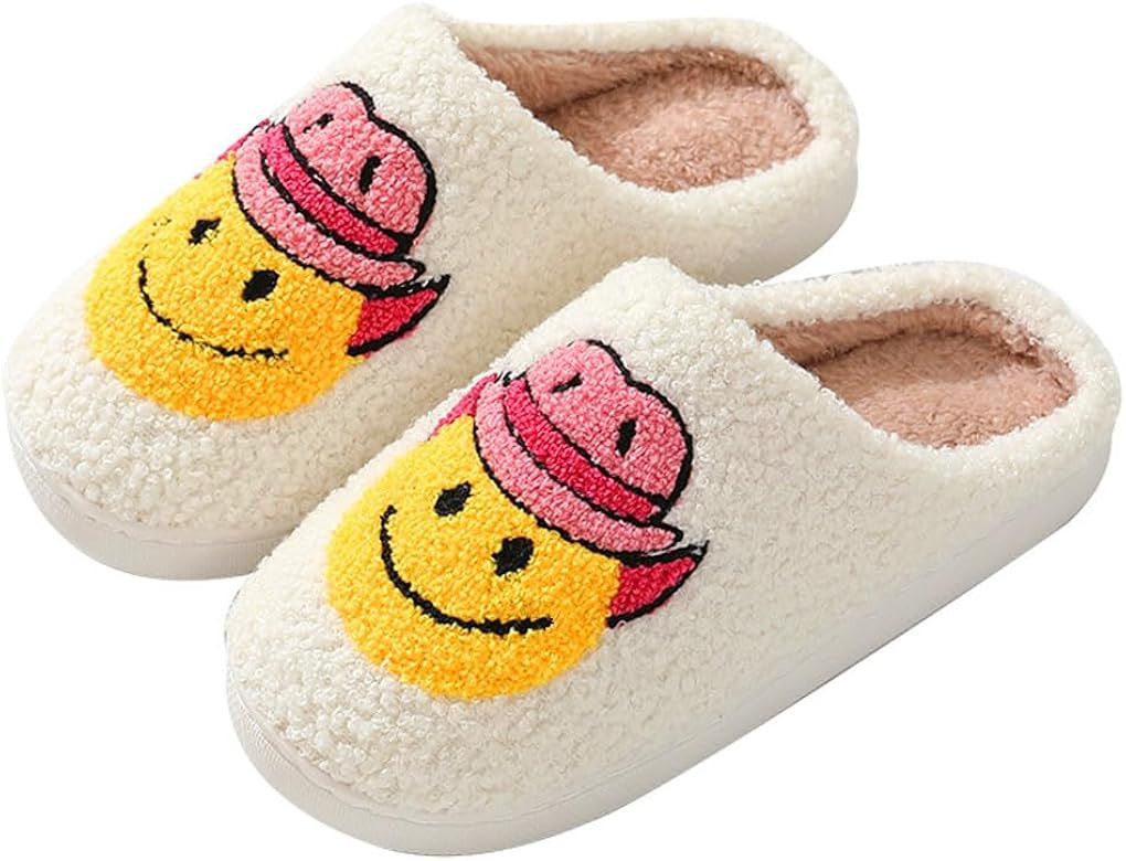 Womens Mens Fuzzy Happy Face Slippers, Cute Preppy Fluffy House Slippers, Preppy Slippers for Ind... | Amazon (US)