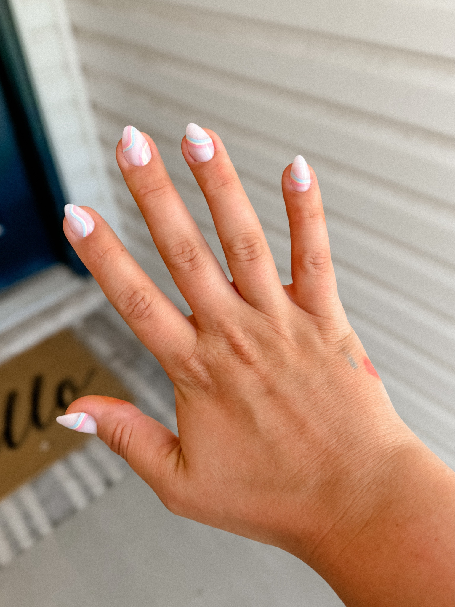 Olive and June glue on nails. Medium almond shape - shade rainbow swirl 🩷🩷 #mani #diynails #momfriendlyfinds 

#LTKBacktoSchool #LTKBeauty #LTKStyleTip