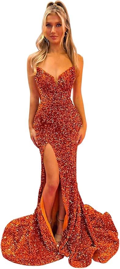 Loyeloy V Neck Prom Dresses with Slit 2024 Glitter Sequins Mermaid Formal Evening Gowns for Women | Amazon (US)