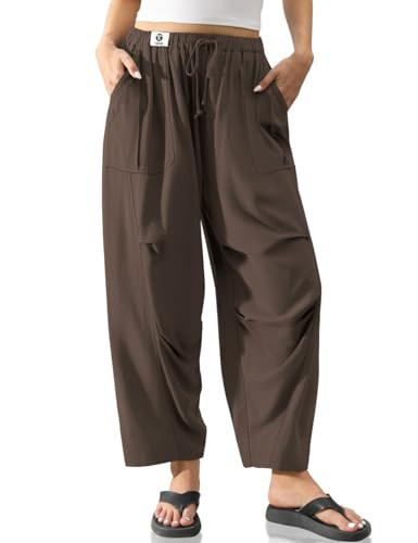 TARSE Women’s Linen Pants Casual Loose Fit Straight Leg Trousers with Pockets Elastic Drawstring Waist Lightweight Summer Beach Pants(DarkCoffee, S) | Amazon (US)