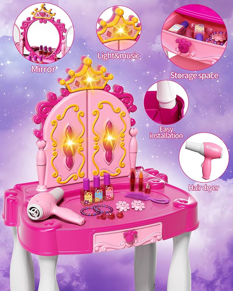 Toddler Makeup Table with Mirror and Chair, Kids Makeup Vanity Set with Accessories and Lights an... | Amazon (US)