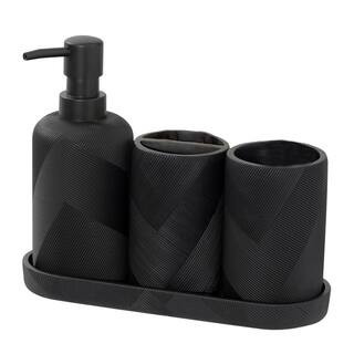 4 Piece Resin Sink Accessory Set Bathroom Organizer Countertop Soap Dispenser Toothbrush Holder Vanity Tray Matte Black | The Home Depot