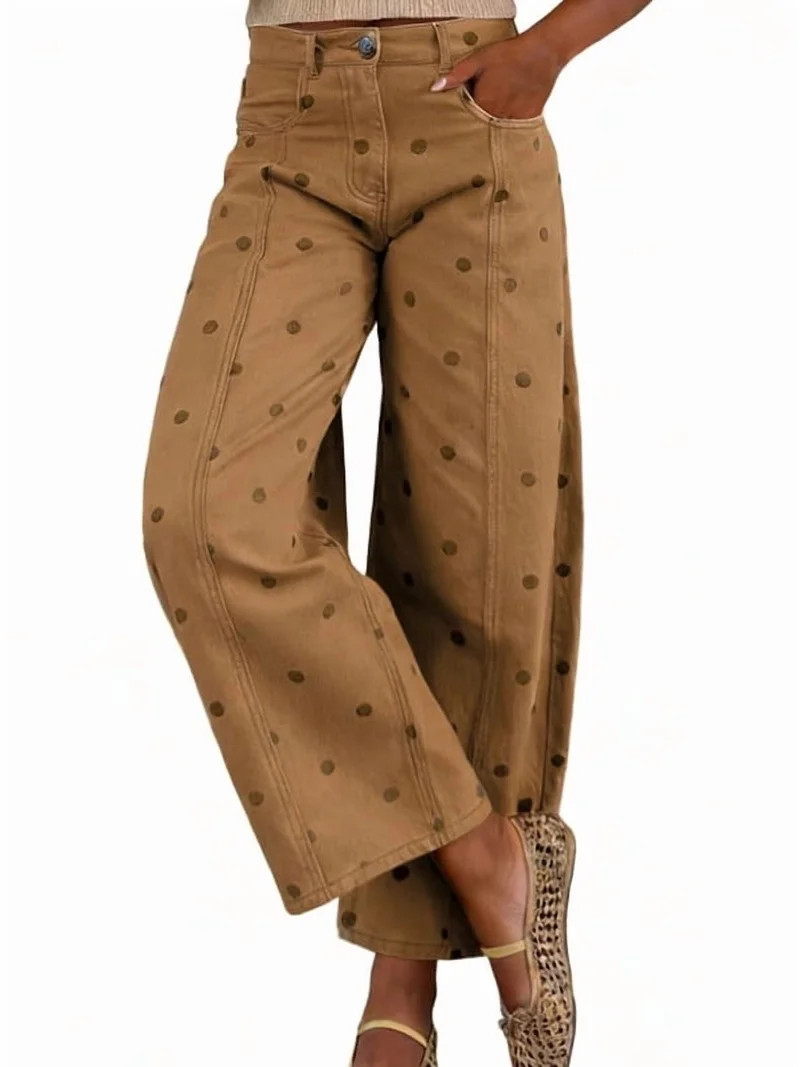 sicmoss Women's Khaki Polka Dot Barrel Jeans Mid Rise Vintage Denim Pants with Pockets | Walmart (US)