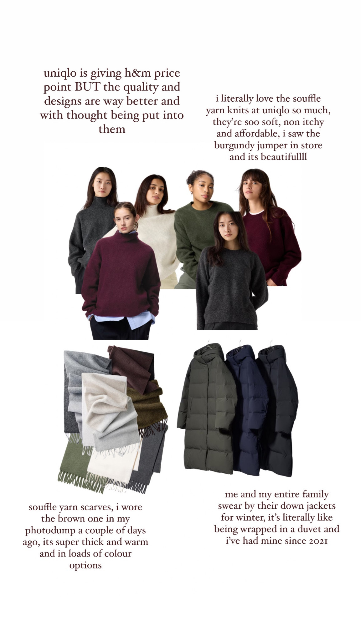 uniqlo, souffle yarn, heattech, jumper, high neck jumper, butgundy jumper, down jacket, scarf, winter scarf, wool scarf, winter jacket

#LTKeurope #LTKfindsunder50 #LTKSeasonal