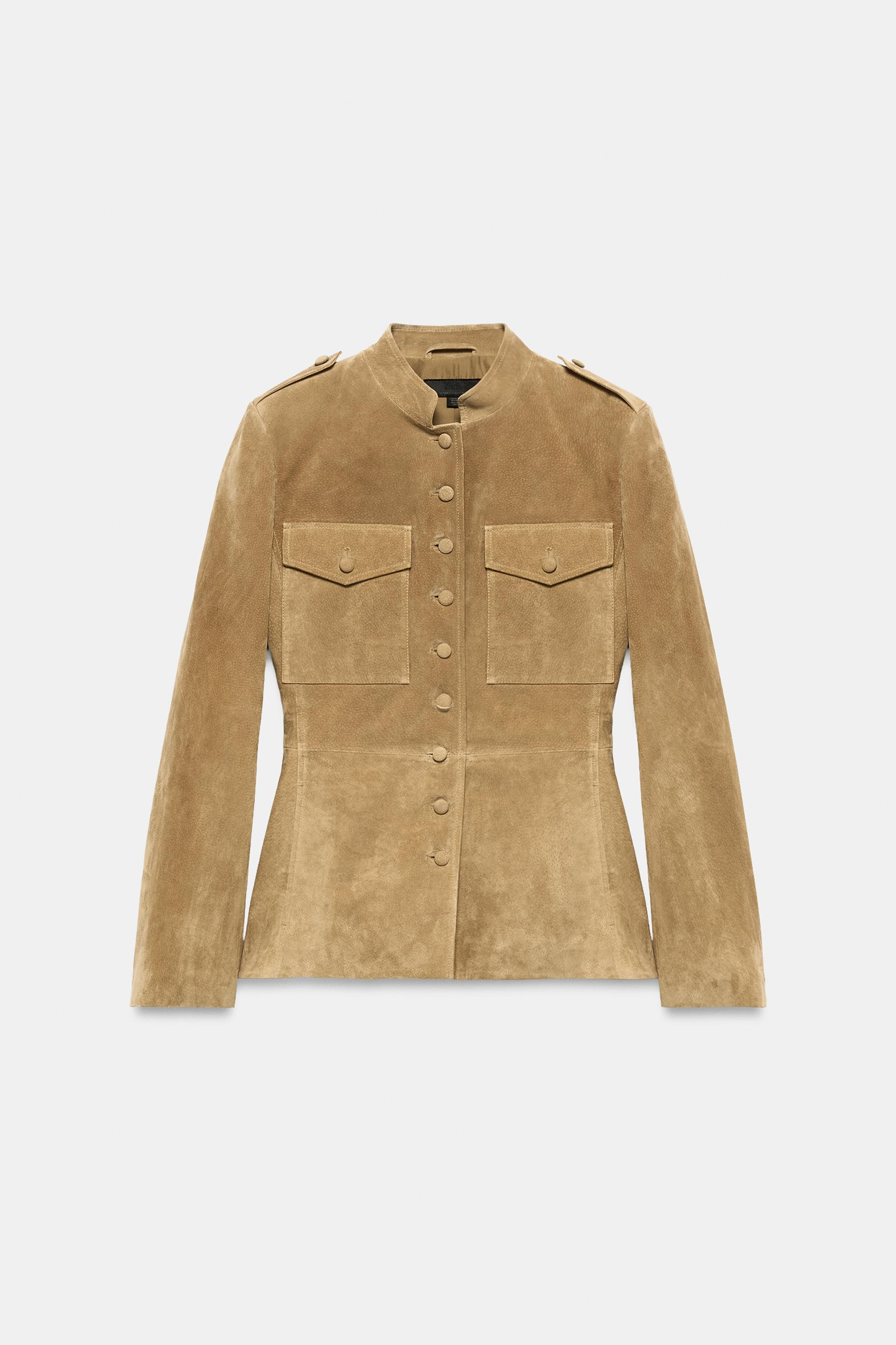 Zara - 100% Leather Jacket With Covered Buttons - Taupe Brown - Xs - Woman | Zara US