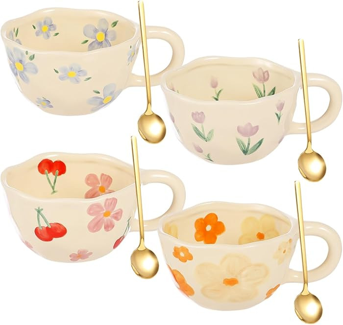 Homaisson Set of 4 Flower Ceramic Coffee Mugs, 8 OZ Floral Tea Cup Set with Spoons, Cute Cappucci... | Amazon (CA)