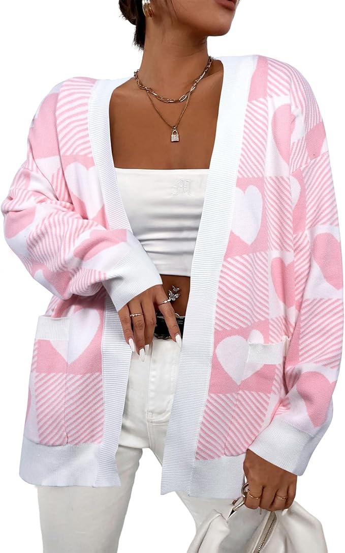 Heart Cardigan Sweater for Women Oversized Valentine Cardigan Cute Love Print Open Front Knit Swe... | Amazon (US)