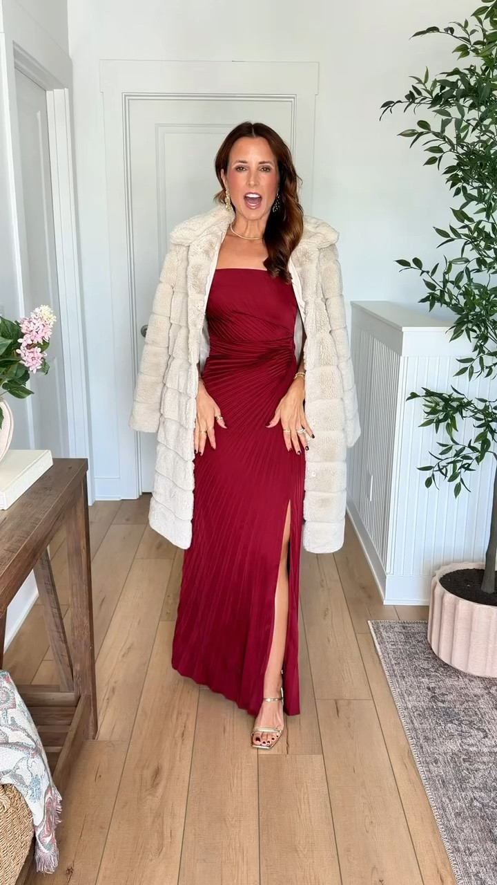 Code LISA123 on first time purchases. Fall wedding guest dress. Winter wedding guest dress. Burgundy pleated satin maxi dress with adjustable straps. Cocktail dress. Party dress. Party dress. Holiday party dress. Wearing XS in dress and faux fur coat. Gold heels are TTS.

#LTKWedding #LTKTravel #LTKSeasonal