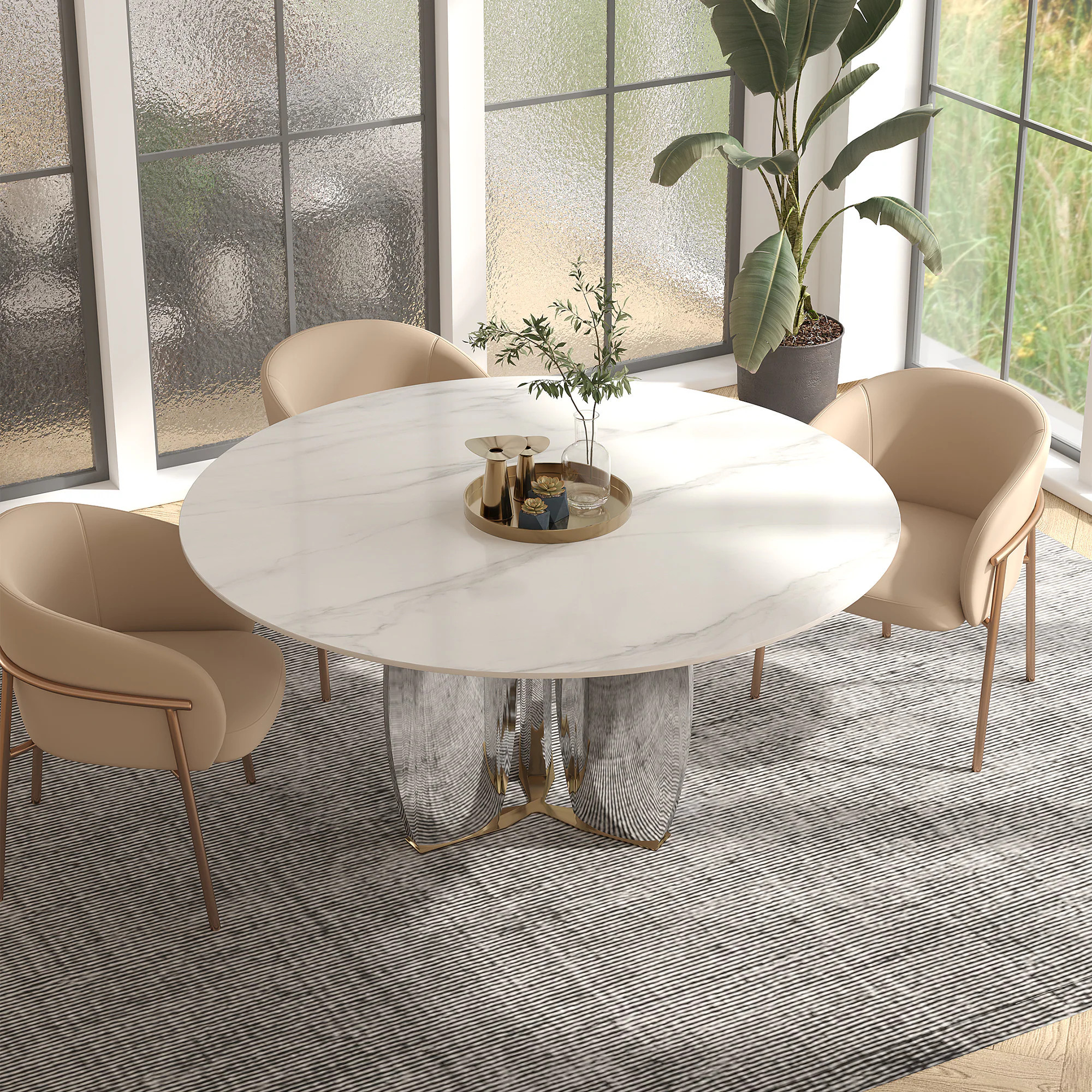 Lowe's White Round Contemporary/Modern Marble Dining Table, with Silver Finish and Metal Pedestal Base 53.15-in L x 29.53-in H | ZP7-653-135XSS | Lowe's