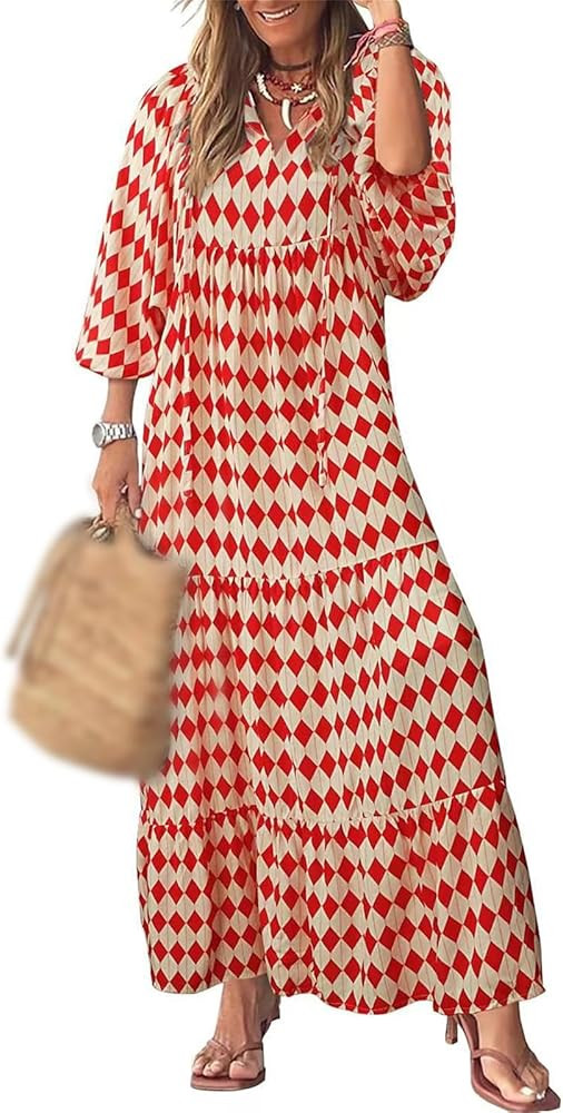 Kubbon Womens Summer Maxi Dress 2025 Puff Sleeve Boho Dresses Casual Geometric Pattern Flowy Beac... | Amazon (US)