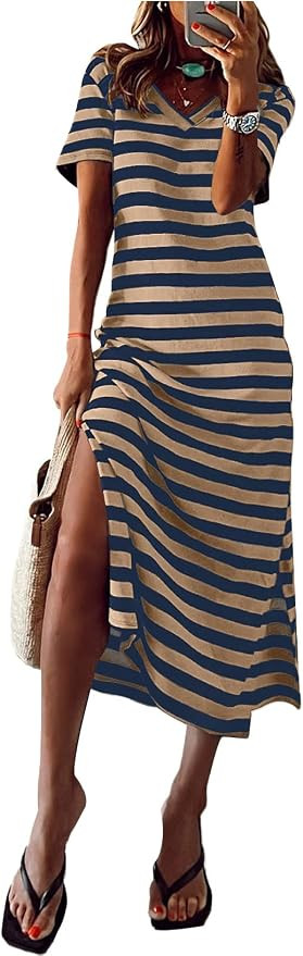 MARZXIN Women 2026 Casual Maxi Dress Short Sleeve V Neck Stripe Sundress Split Loose Long Summer ... | Amazon (US)