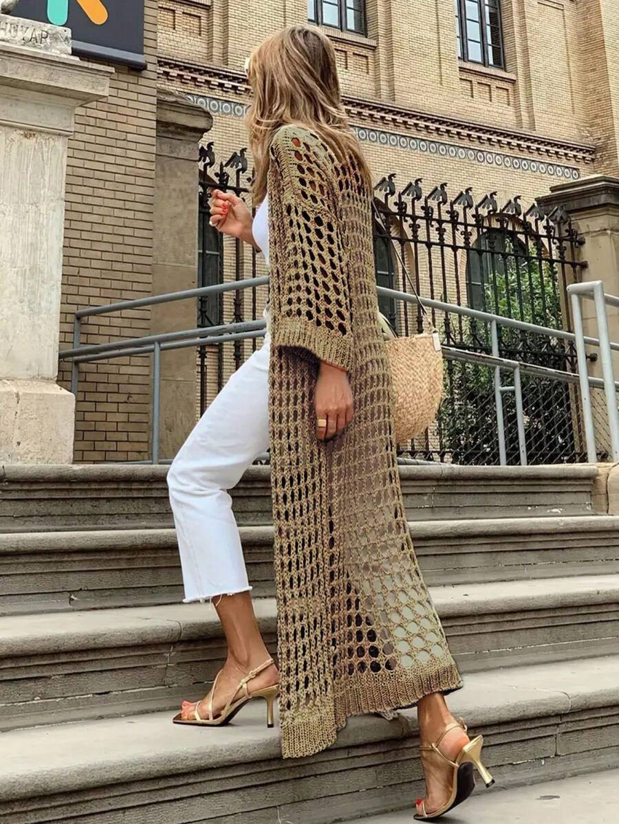 Women Solid Color Holiday Matching Hollow Out Long Cardigan | SHEIN