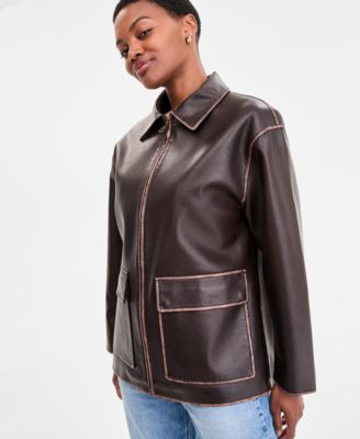 Women's Zip-Front Faux-Leather Coat | Macy's