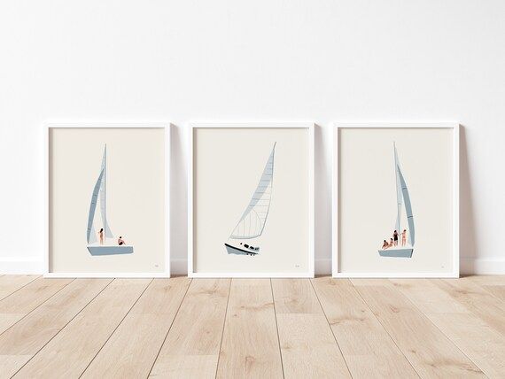 Sailboat Art Print Set of 3 Nautical Artwork Coastal - Etsy | Etsy (US)