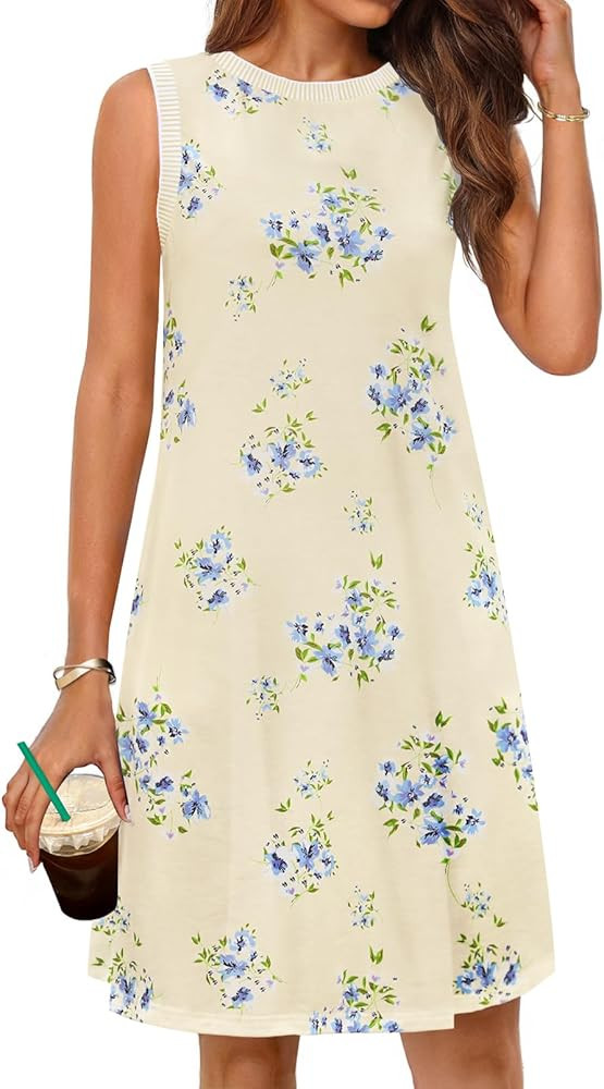 MEROKEETY Womens Spring Summer Sun Dress 2026 Casual Beach Vacation Crewneck Sleeveless Tank Crui... | Amazon (US)