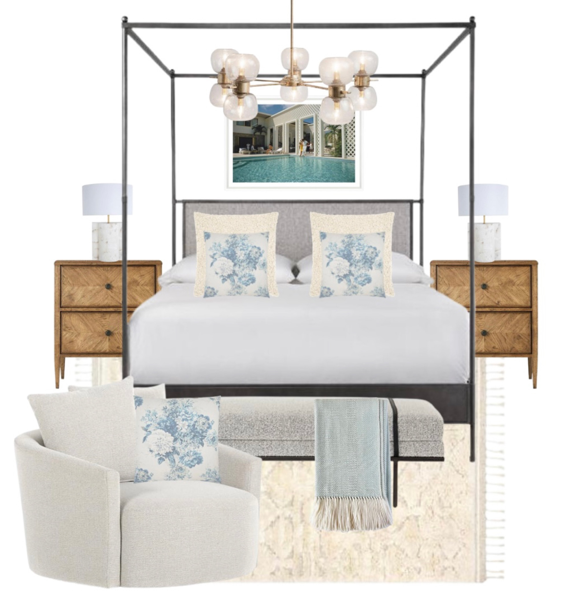 Bedroom, Bedroom Design, Bedroom Inspo, Four Poster Bed, Home Decor, Homeware, Bedside Table, Nightstand, Bench, Accent Chair, Bubble Light, Chandelier, Wall Print, Kathy Kuo Home 

#LTKstyletip #LTKhome #LTKU