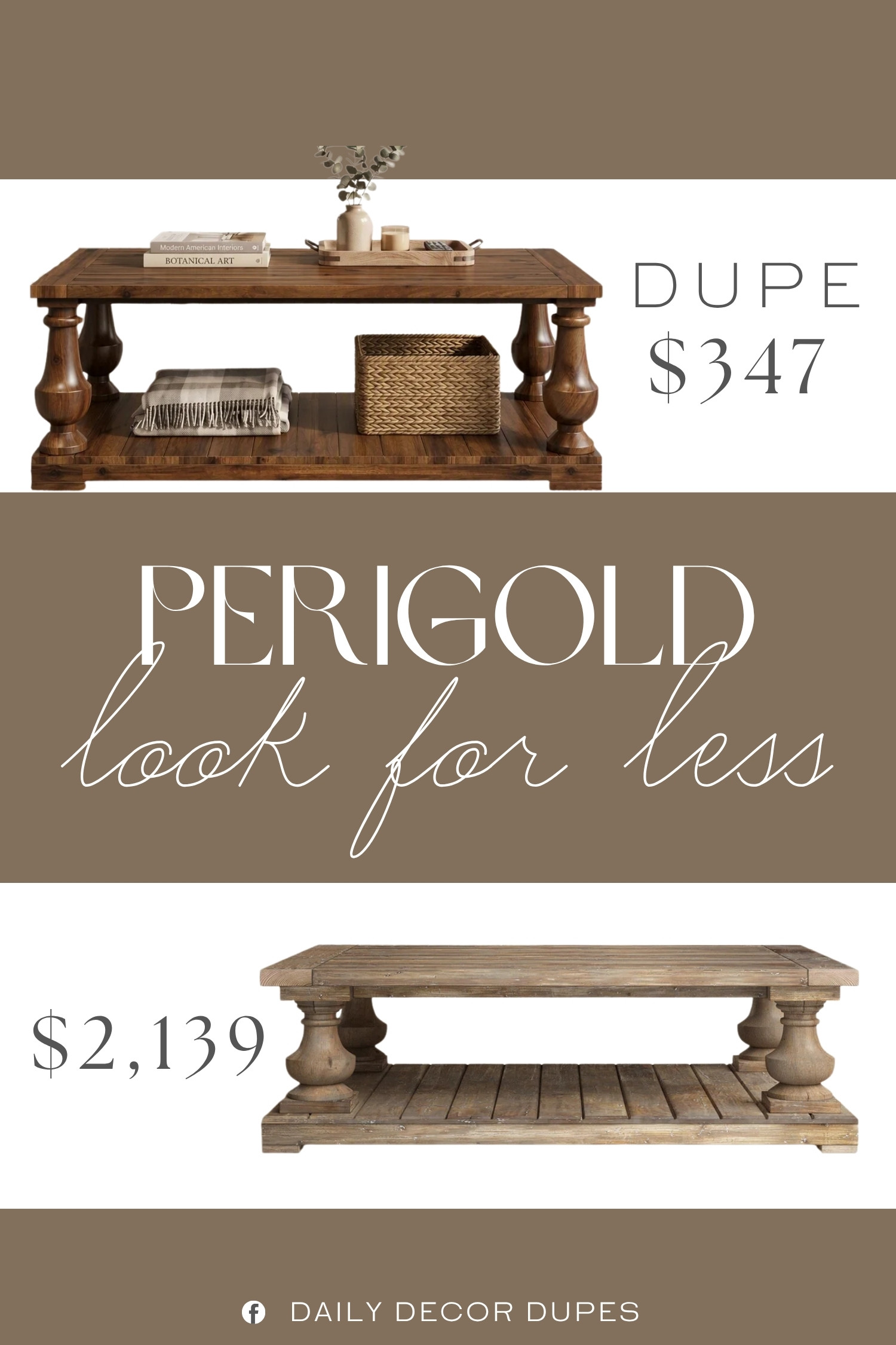 The Perigold Stratford Solid Wood Coffee Table features a richly finished wood top, turned pedestal-style legs, and a lower shelf that adds both architectural detail and useful display space. The layered construction makes it especially versatile for storing baskets, books, and decorative accents while creating a warm focal point in the room. A similar style around $347, compared with the $2,139 designer version shown, makes it easier to bring traditional solid wood furniture into your space at a more approachable price. 🪵✨🏡

Home more affordable option find similar look for less budget friendly affordable cheap cheaper beautiful pretty. Clearance sale coupon code discount code promo code luxury Inspo inspiration inspired by idea ideas Love like these? I share multiple every day in my FB group.
#PerigoldInspired #CoffeeTable #SolidWoodCoffeeTable #WoodCoffeeTable #TraditionalFurniture #FarmhouseFurniture #LivingRoomFurniture #FurnitureFinds 

 #LTKHome