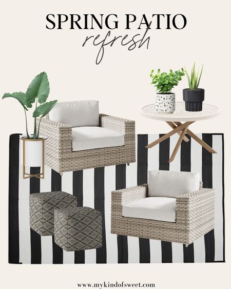 Spring patio refresh // the best wicker armchairs from West Elm with black and white rug and poufs. Add plants for a pop for green!

#LTKhome #LTKSeasonal #LTKstyletip